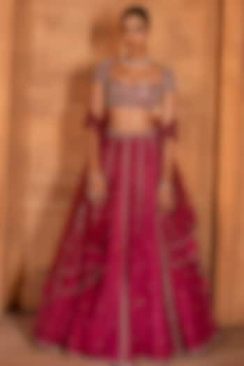 Rose Pink Upada Silk & Organza Sequins Embroidered Wedding Lehenga Set by EnamourByRadha at Pernia's Pop Up Shop