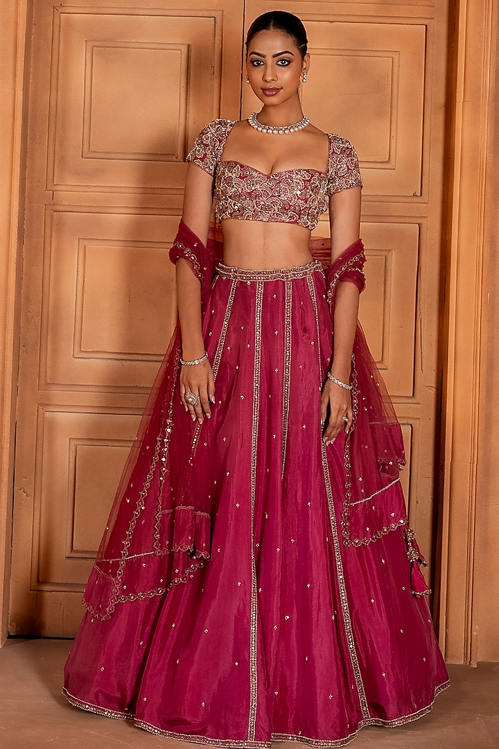 Rose Pink Upada Silk & Organza Sequins Embroidered Wedding Lehenga Set by EnamourByRadha at Pernia's Pop Up Shop