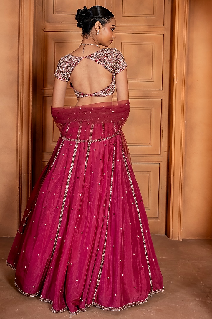 Rose Pink Upada Silk & Organza Sequins Embroidered Wedding Lehenga Set by EnamourByRadha at Pernia's Pop Up Shop