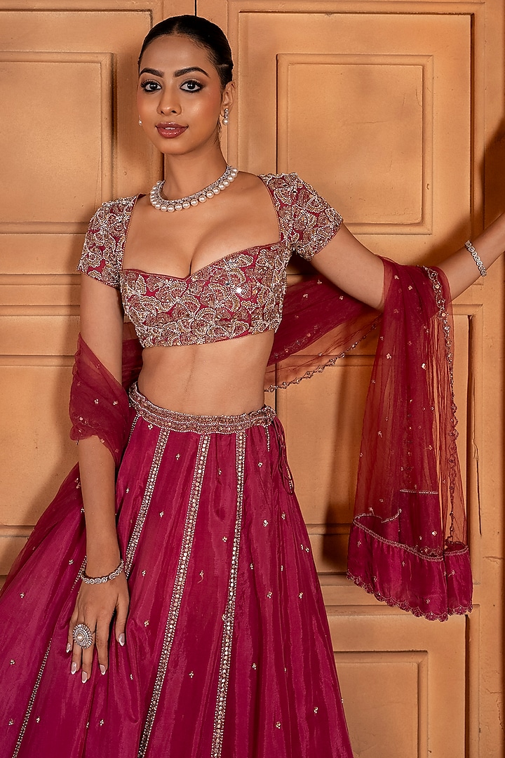 Rose Pink Upada Silk & Organza Sequins Embroidered Wedding Lehenga Set by EnamourByRadha at Pernia's Pop Up Shop