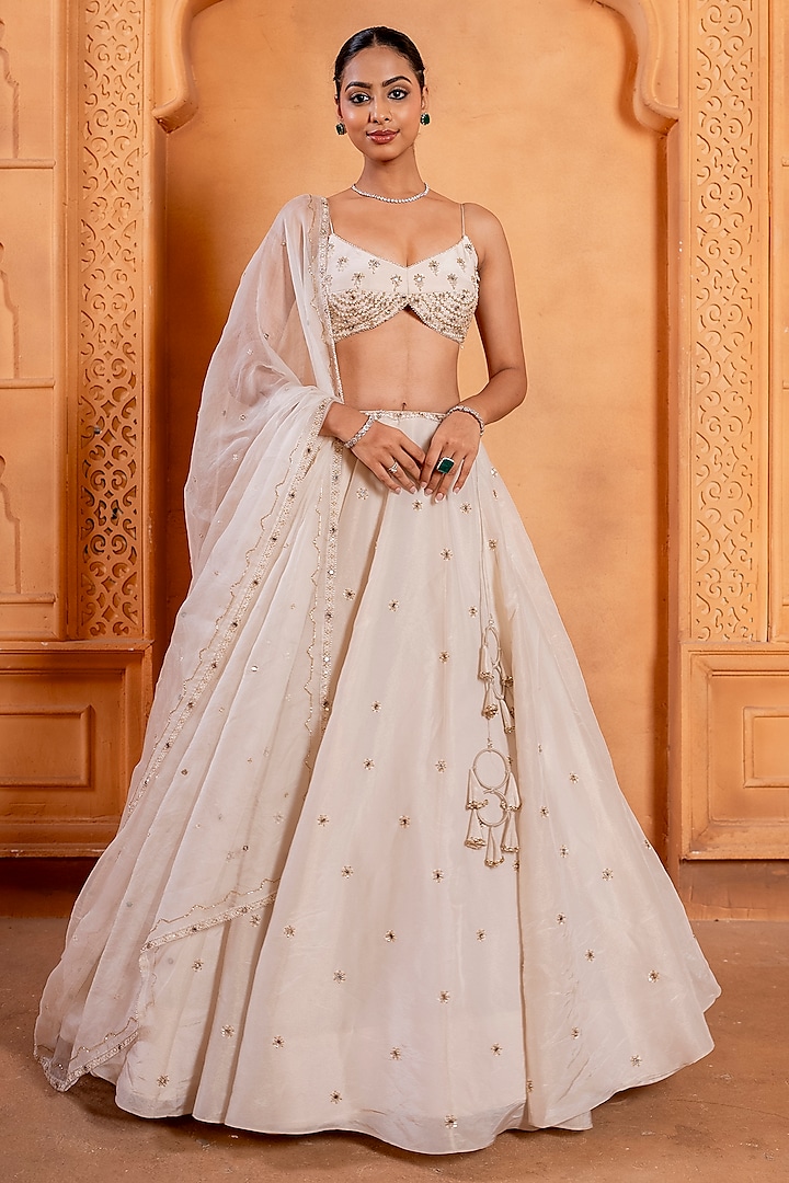 White Zari Silk Pearl & Sequins Embroidered Wedding Lehenga Set by EnamourByRadha at Pernia's Pop Up Shop