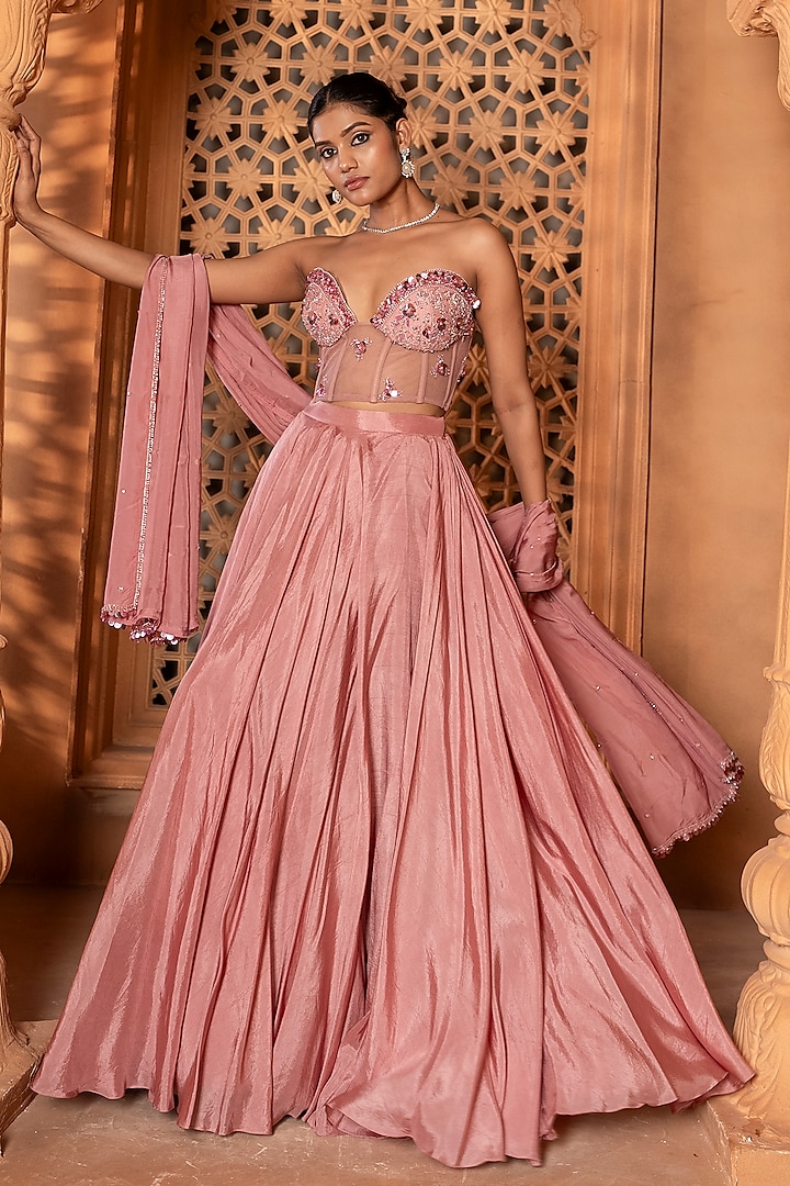 Champagne Pink Upada Silk Wedding Lehenga Set by EnamourByRadha at Pernia's Pop Up Shop