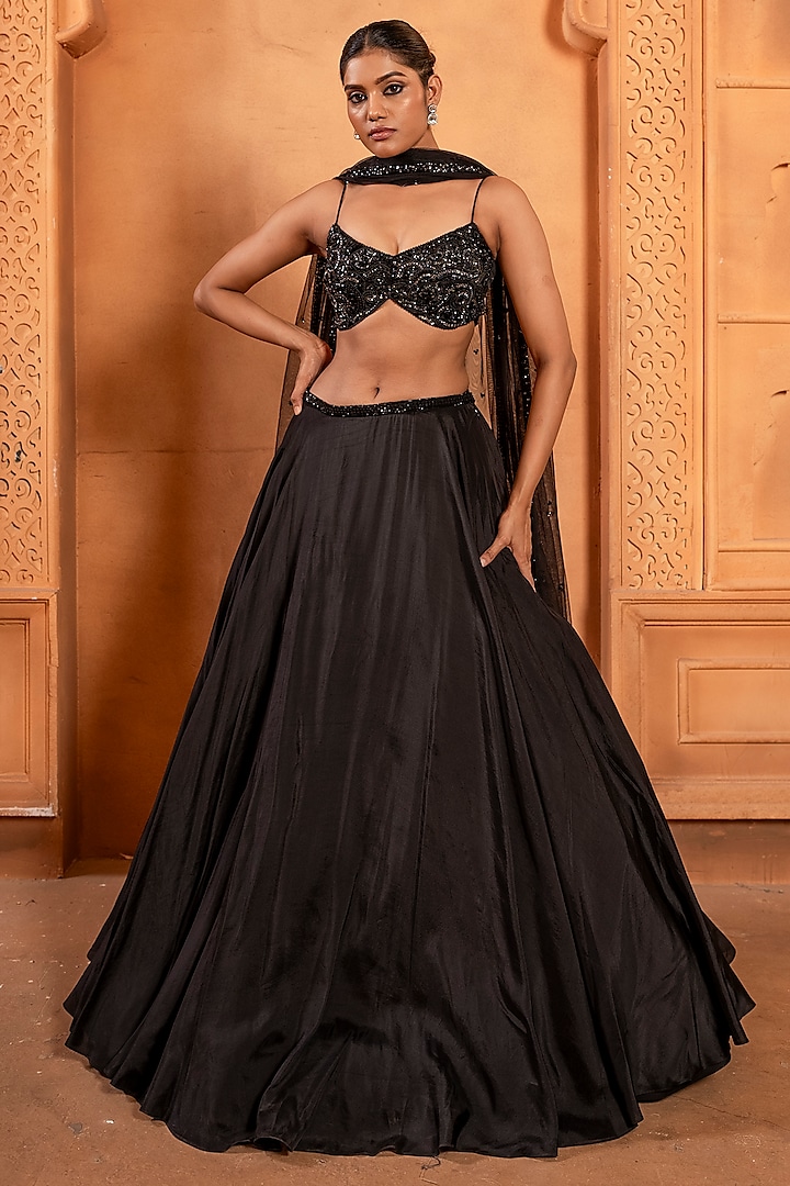 Black Upada Silk Embroidered Wedding Lehenga Set by EnamourByRadha at Pernia's Pop Up Shop