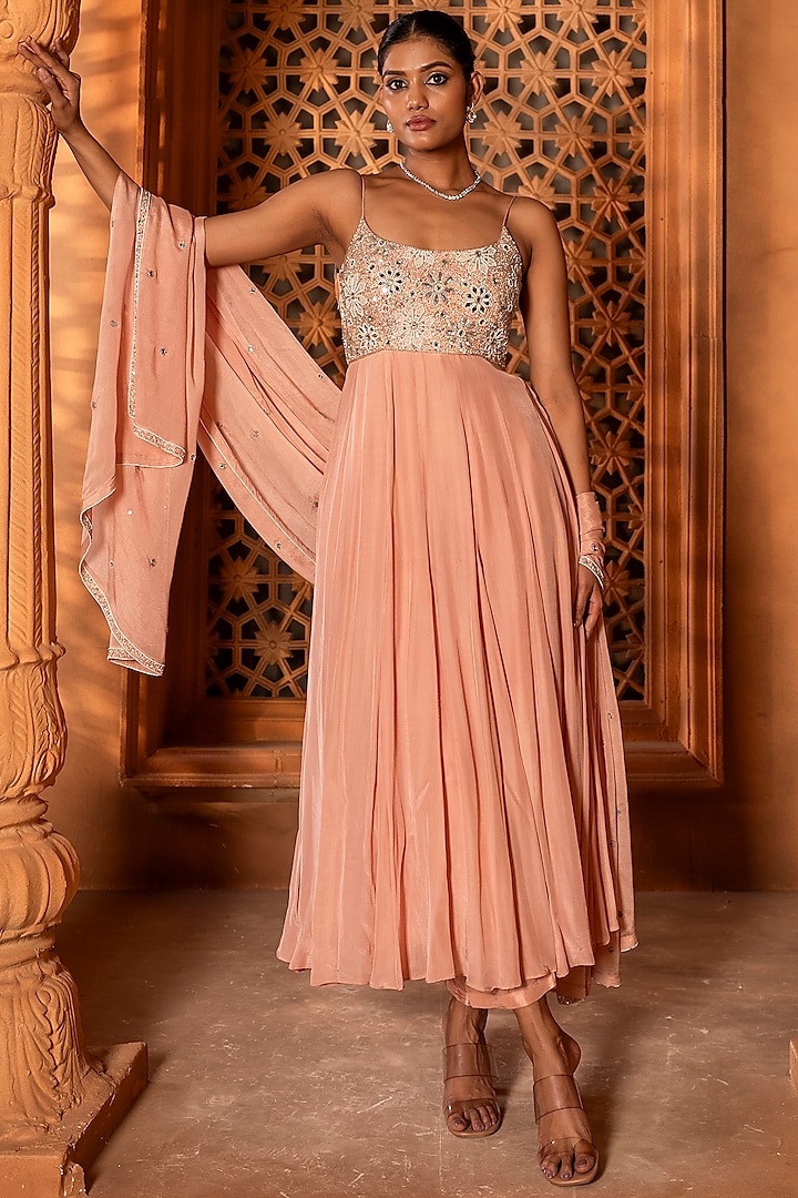 Blush Pink Crepe Pearl & Sequin Embroidered Anarkali Set by EnamourByRadha at Pernia's Pop Up Shop