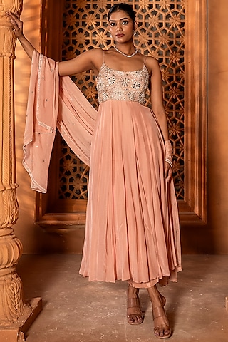 Blush Pink Crepe Pearl & Sequin Embroidered Anarkali Set by EnamourByRadha