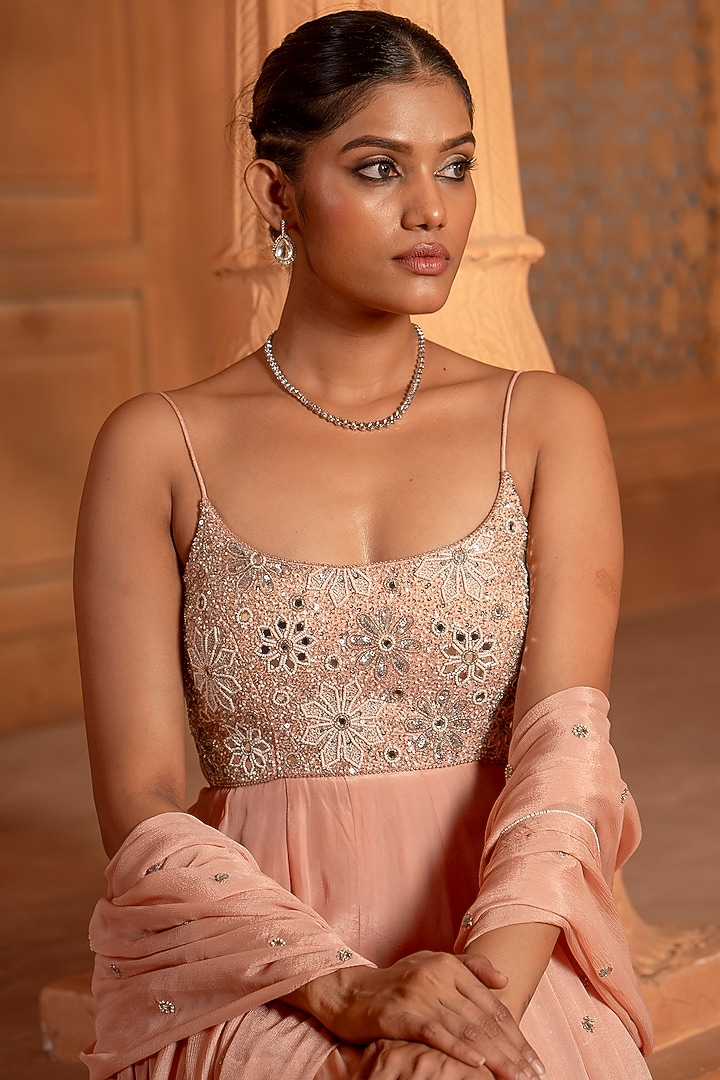 Blush Pink Crepe Pearl & Sequin Embroidered Wedding Anarkali Set by EnamourByRadha at Pernia's Pop Up Shop