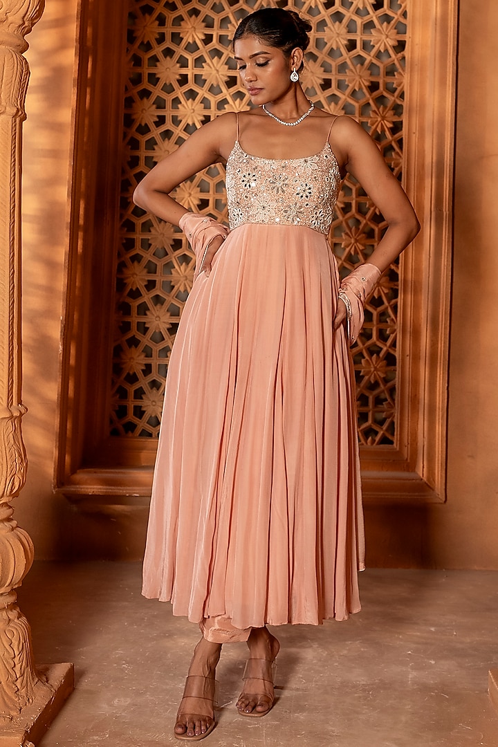 Blush Pink Crepe Pearl & Sequin Embroidered Wedding Anarkali Set by EnamourByRadha at Pernia's Pop Up Shop