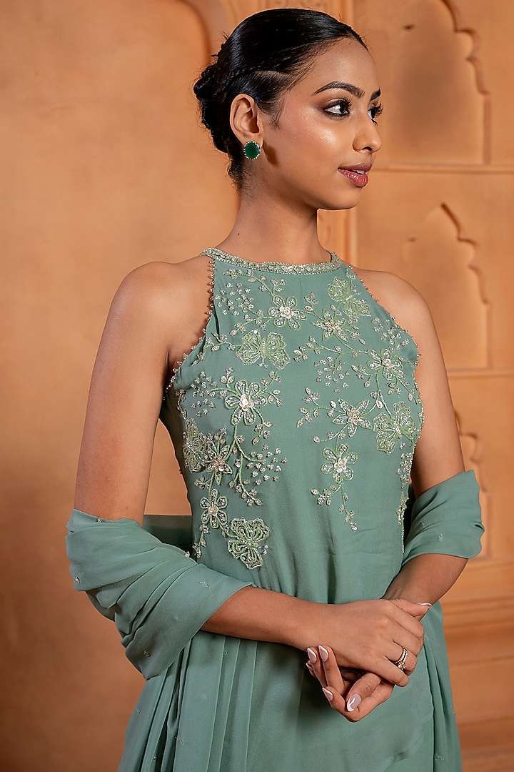 Sage Green Georgette Pearl & Sequins Embroidered Tunic Set by EnamourByRadha at Pernia's Pop Up Shop