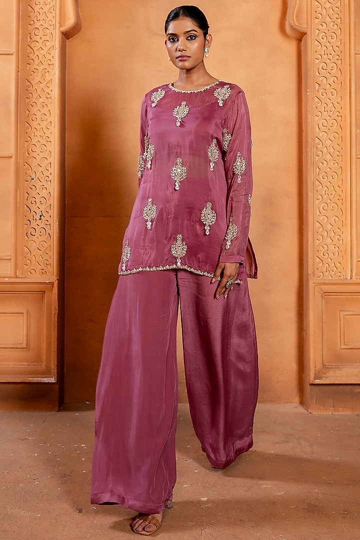 Mulberry Pink Silk Organza Pearl Embroidered Tunic Set by EnamourByRadha at Pernia's Pop Up Shop