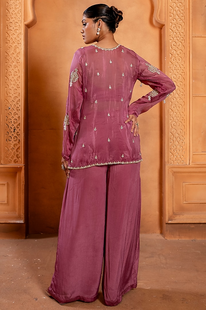 Mulberry Pink Silk Organza Pearl Embroidered Tunic Set by EnamourByRadha at Pernia's Pop Up Shop