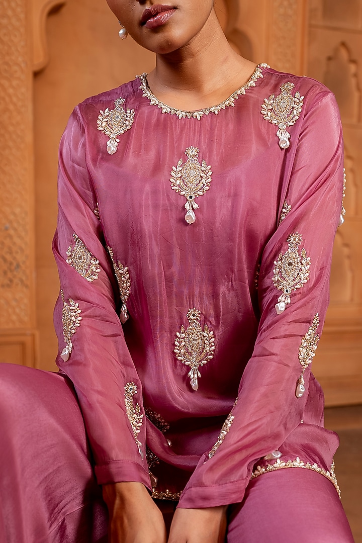 Mulberry Pink Silk Organza Pearl Embroidered Tunic Set by EnamourByRadha at Pernia's Pop Up Shop