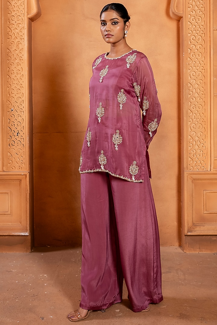 Mulberry Pink Silk Organza Pearl Embroidered Tunic Set by EnamourByRadha at Pernia's Pop Up Shop