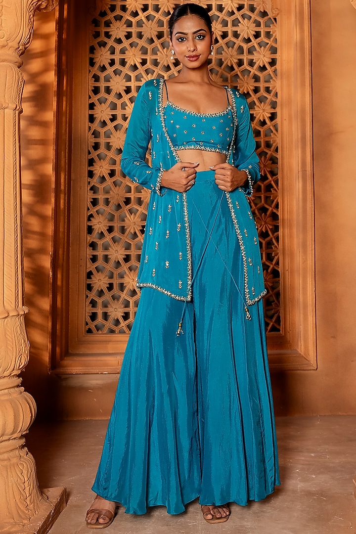 Sky Blue Upada Silk Sharara Set by EnamourByRadha at Pernia's Pop Up Shop