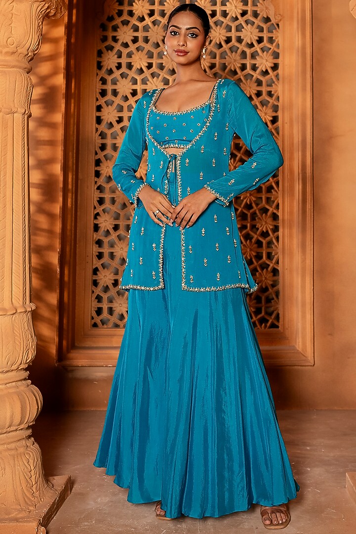 Sky Blue Upada Silk Wedding Sharara Set by EnamourByRadha at Pernia's Pop Up Shop