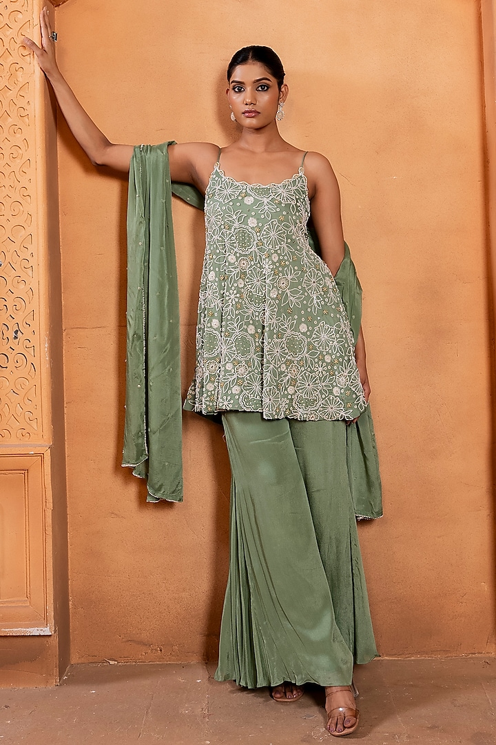 Sea Green Silk Sharara Set by EnamourByRadha at Pernia's Pop Up Shop