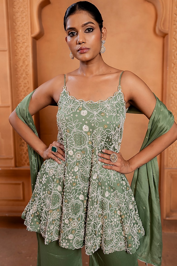 Sea Green Silk Wedding Sharara Set by EnamourByRadha at Pernia's Pop Up Shop