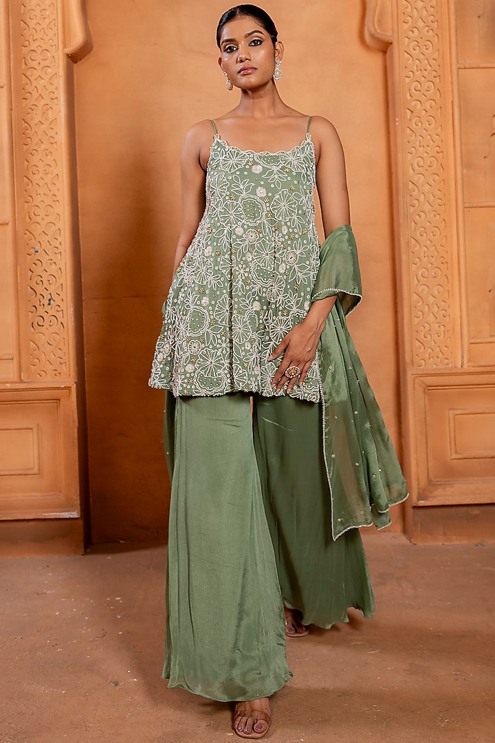 Sea Green Silk Wedding Sharara Set by EnamourByRadha at Pernia's Pop Up Shop