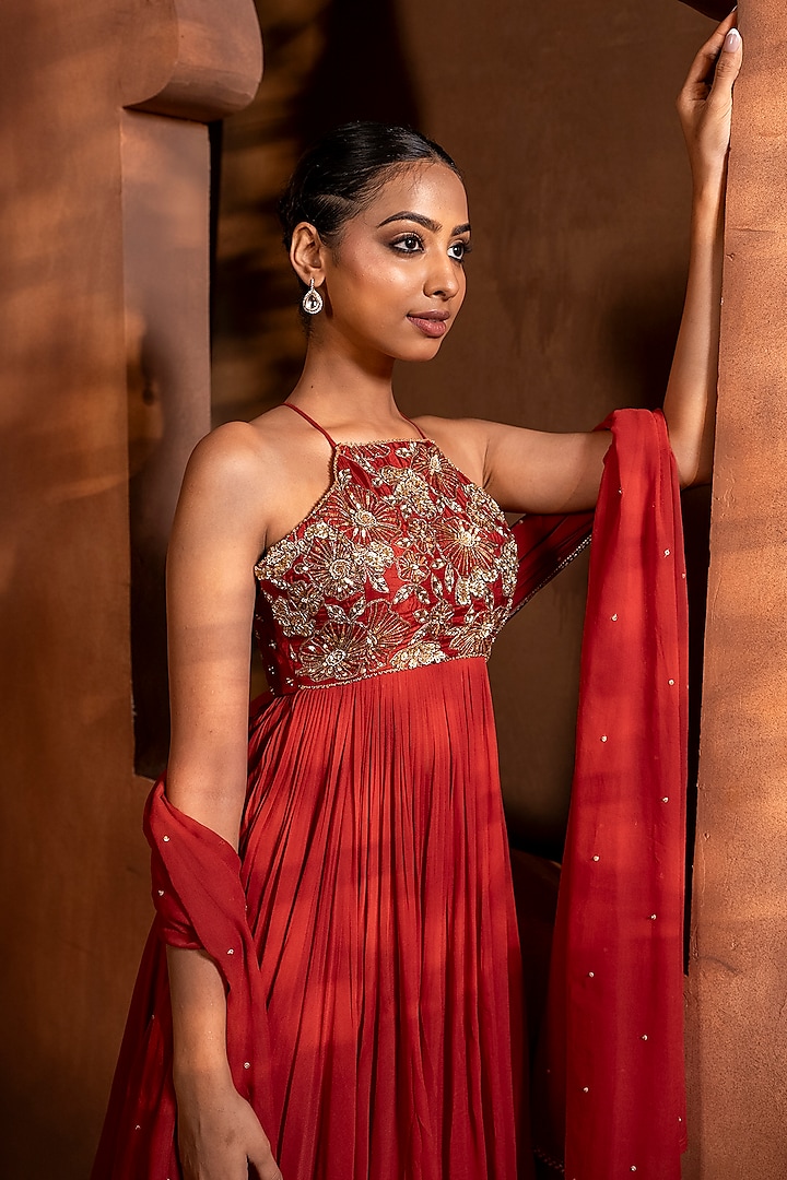 Burnt Rust Upada Silk Sequins Embroidered Wedding Anarkali Set by EnamourByRadha at Pernia's Pop Up Shop