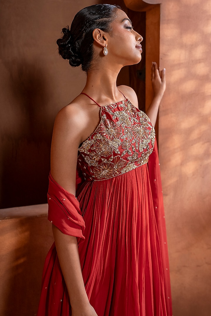 Burnt Rust Upada Silk Sequins Embroidered Wedding Anarkali Set by EnamourByRadha at Pernia's Pop Up Shop