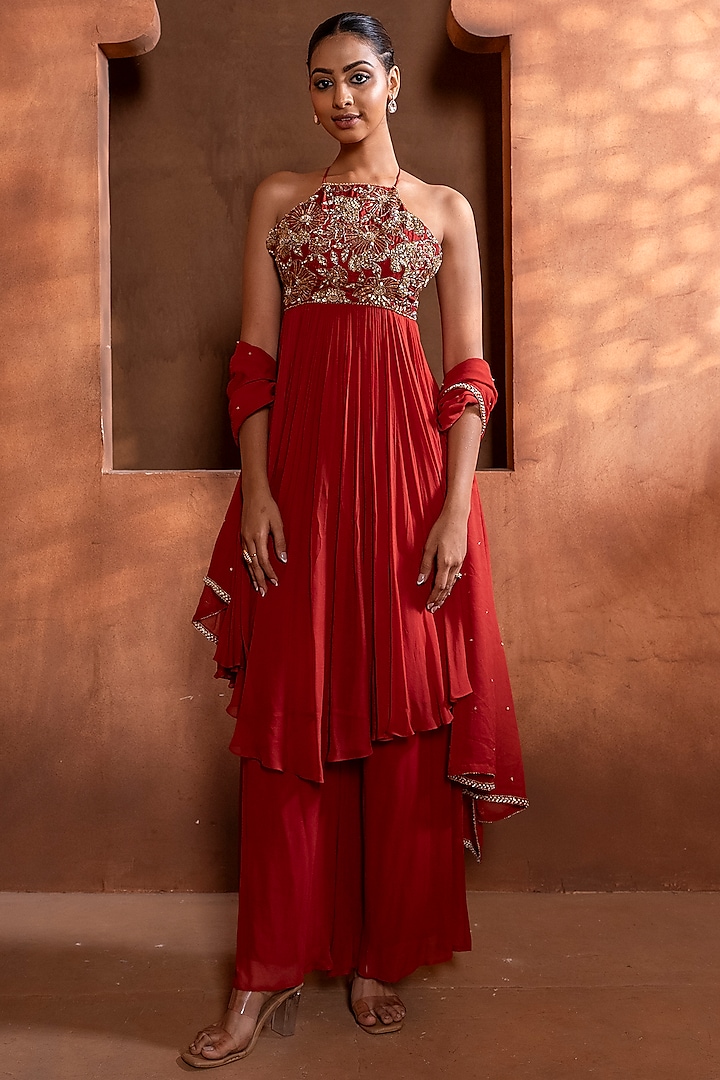 Burnt Rust Upada Silk Sequins Embroidered Wedding Anarkali Set by EnamourByRadha at Pernia's Pop Up Shop