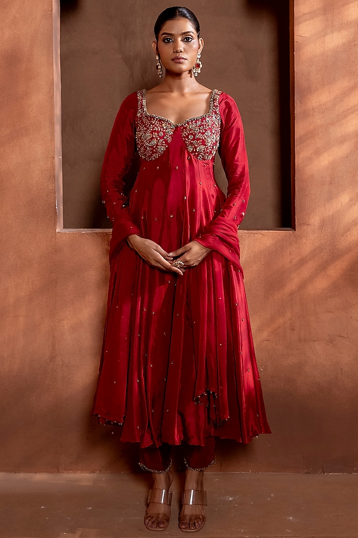 Deep Red Silk Zardosi & Sequins Embroidered Anarkali Set by EnamourByRadha at Pernia's Pop Up Shop