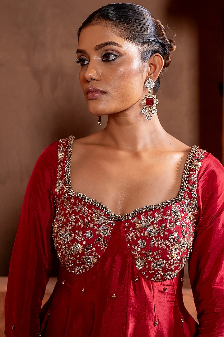 Deep Red Silk Zardosi & Sequins Embroidered Wedding Anarkali Set by EnamourByRadha at Pernia's Pop Up Shop