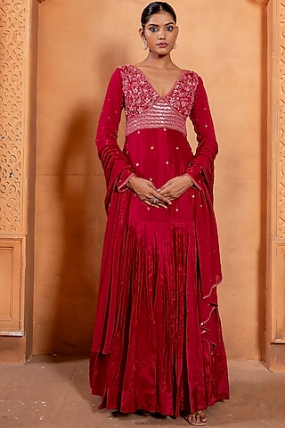 Pink Silk Pearl & Sequins Embroidered Anarkali Set by EnamourByRadha
