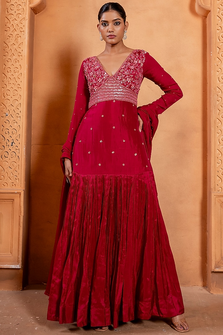Pink Silk Pearl & Sequins Embroidered Wedding Anarkali Set by EnamourByRadha at Pernia's Pop Up Shop