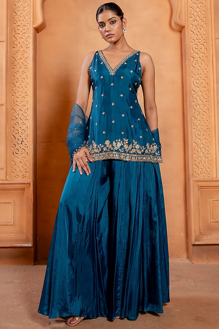 Peacock Blue Silk Sharara Set by EnamourByRadha at Pernia's Pop Up Shop