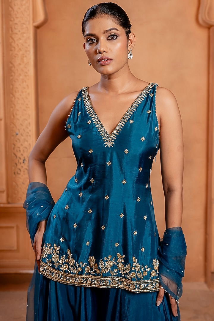 Peacock Blue Silk Wedding Sharara Set by EnamourByRadha at Pernia's Pop Up Shop