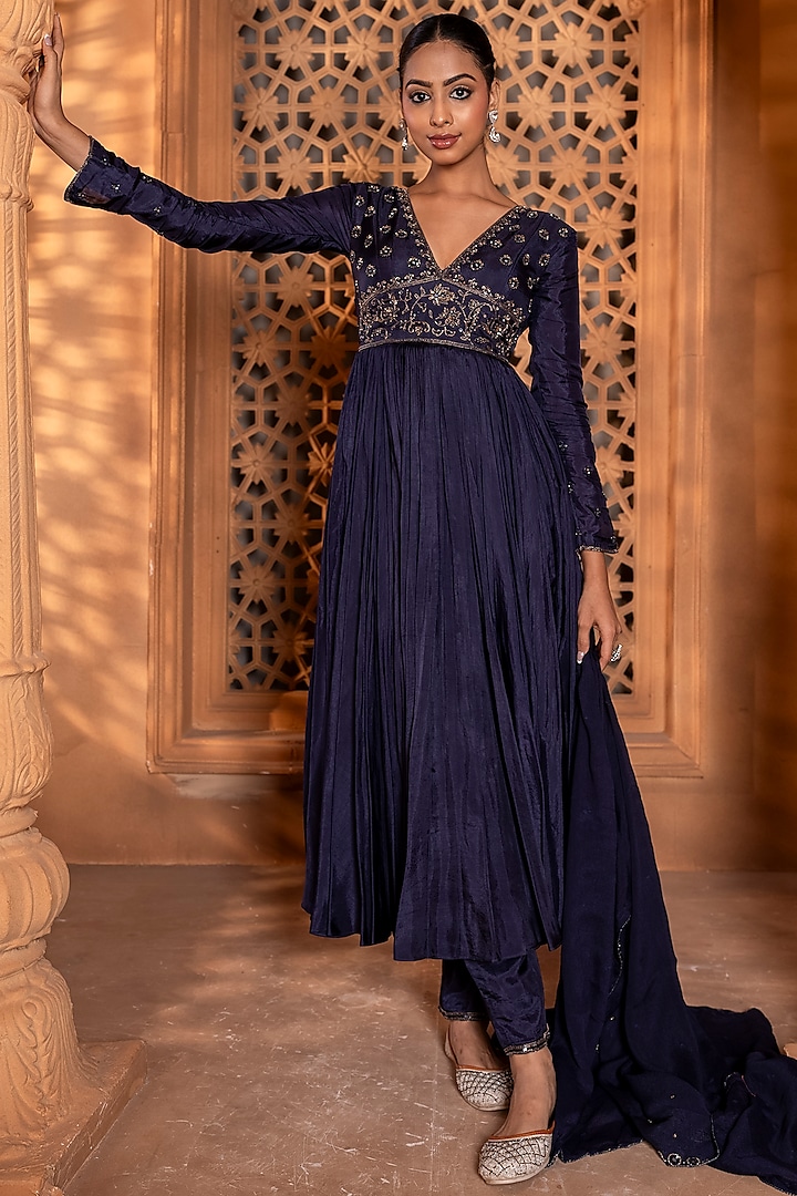 Deep Jamun Blue Silk Zardosi Embroidered Anarkali Set by EnamourByRadha at Pernia's Pop Up Shop