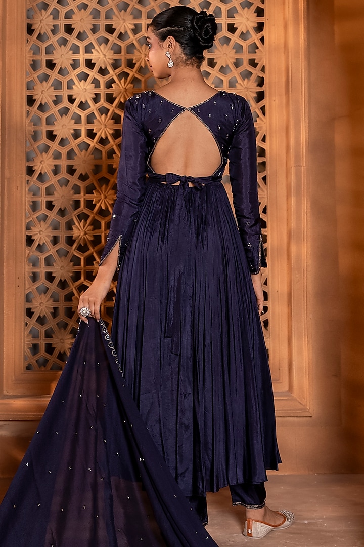 Deep Jamun Blue Silk Zardosi Embroidered Wedding Anarkali Set by EnamourByRadha at Pernia's Pop Up Shop