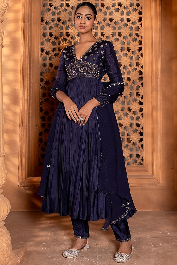 embroidered anarkali dress Dusty Rose Grace Embroidered Silk Anarkali Gown – Suvidha Fashion main image 1