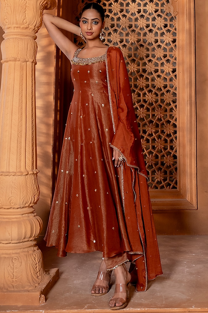 Mitti Rust Brown Silk Zari Zardosi Embroidered Anarkali Set by EnamourByRadha at Pernia's Pop Up Shop