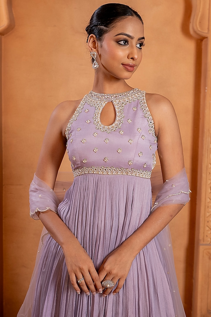 Lilac Chinon Chiffon Sequins Embroidered Wedding Anarkali Set by EnamourByRadha at Pernia's Pop Up Shop