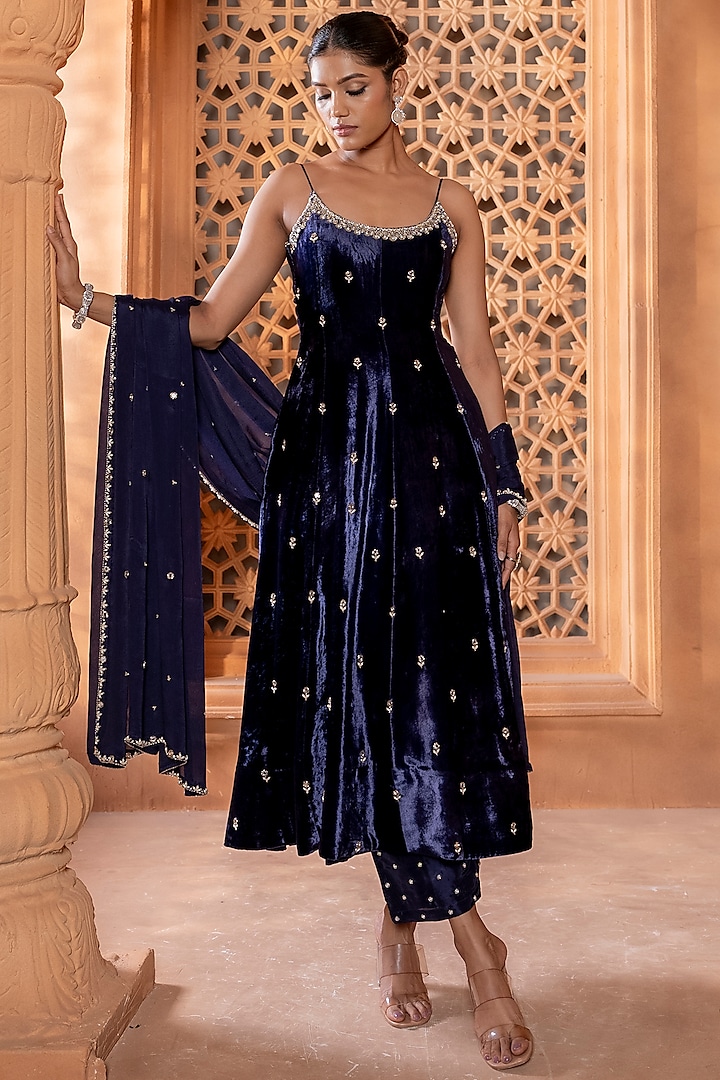 Purplish Blue Velvet Pearl Embroidered Anarkali Set by EnamourByRadha at Pernia's Pop Up Shop