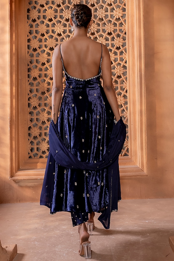 Purplish Blue Velvet Pearl Embroidered Wedding Anarkali Set by EnamourByRadha at Pernia's Pop Up Shop