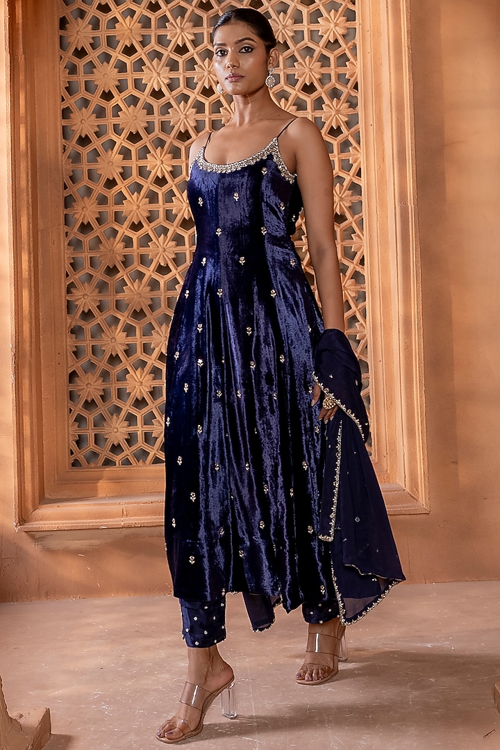 Purplish Blue Velvet Pearl Embroidered Wedding Anarkali Set by EnamourByRadha at Pernia's Pop Up Shop