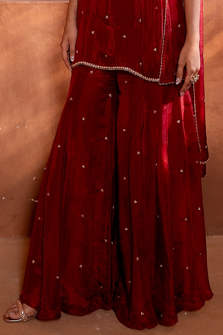 Deep Red Silk & Organza Wedding Sharara Set by EnamourByRadha at Pernia's Pop Up Shop