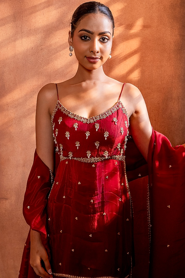 Deep Red Silk & Organza Wedding Sharara Set by EnamourByRadha at Pernia's Pop Up Shop