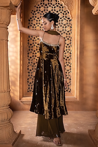 Mehendi Green & Gold Velvet Zari Embroidered Anarkali Set by EnamourByRadha