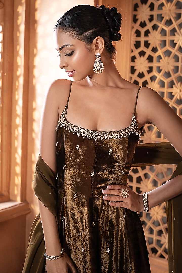 Mehendi Green & Gold Velvet Zari Embroidered Wedding Anarkali Set by EnamourByRadha at Pernia's Pop Up Shop
