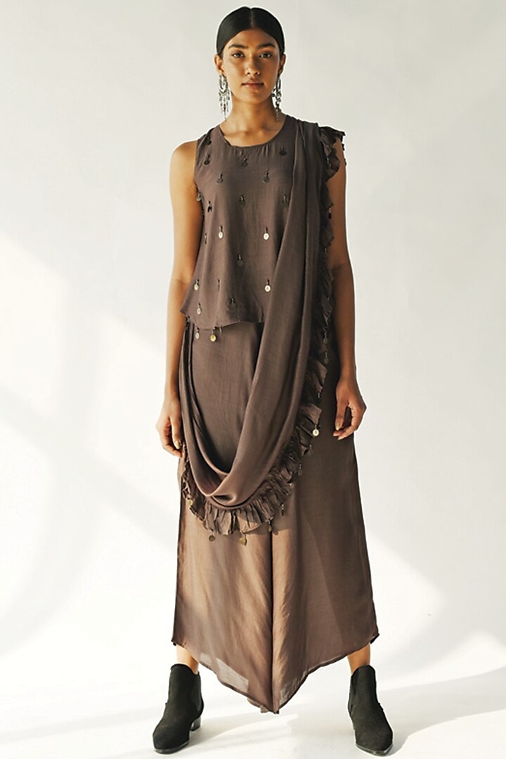 Brown Embellished Pant Saree Set by Enech By Nupur Harwani at Pernia's Pop Up Shop