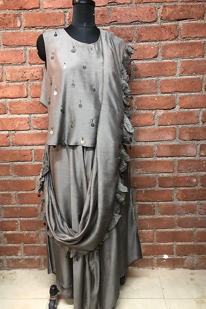Grey Embellished Pant Saree Set by Enech By Nupur Harwani