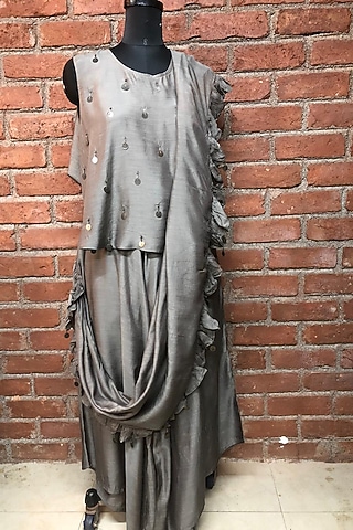 Grey Embellished Pant Saree Set by Enech By Nupur Harwani