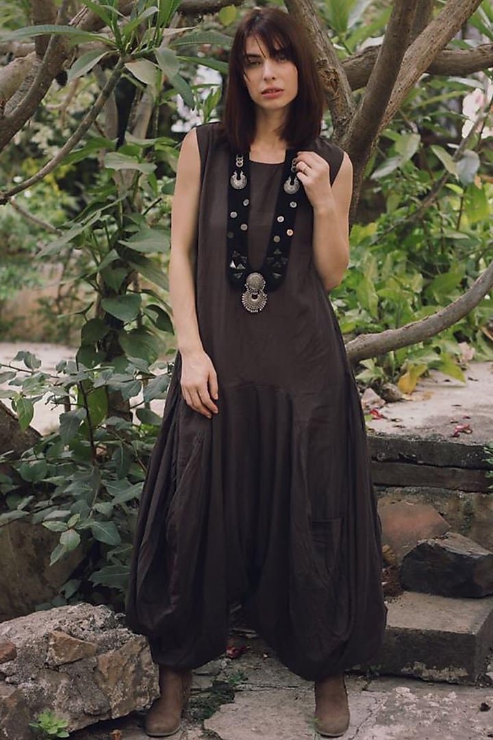 
Brown Embellished Cowl Jumpsuit With Neckpiece by Enech By Nupur Harwani