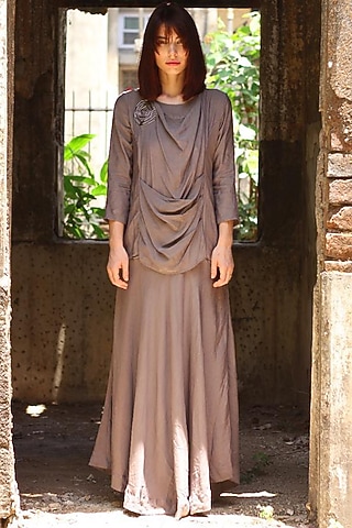 Brown Maxi Cowl Dress With Jacket by Enech By Nupur Harwani