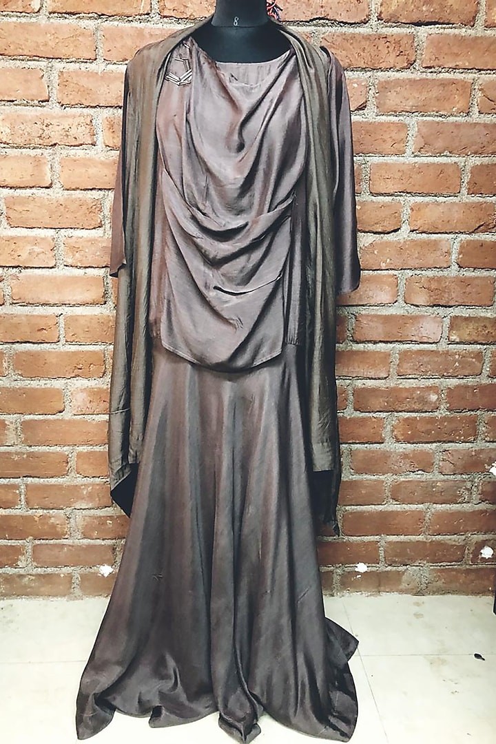 Grey Maxi Cowl Dress With Jacket by Enech By Nupur Harwani