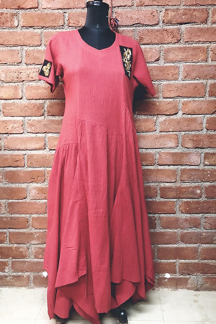 Maroon Embroidery Gathered Maxi Dress by Enech By Nupur Harwani at Pernia's Pop Up Shop