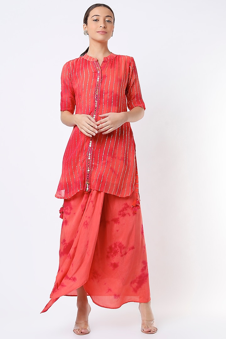 Bright Red Georgette Tie-Dye Printed Kurta Set by Enech By Nupur Harwani
